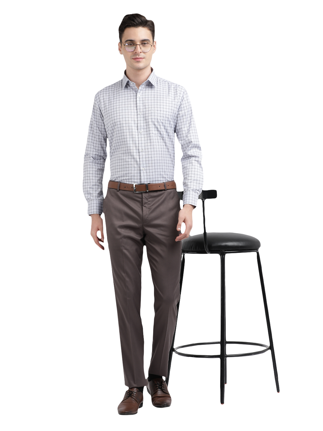 Model wearing Clarke Gable's White Checked Formal Shirt in a casual setting