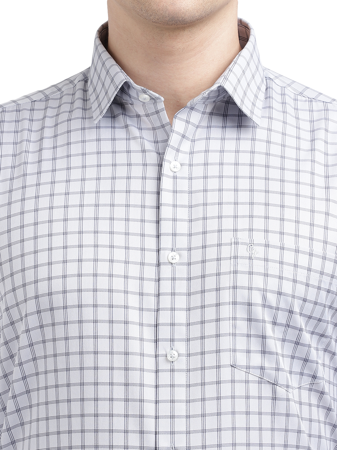 Model wearing Clarke Gable's White Checked Formal Shirt in a casual setting