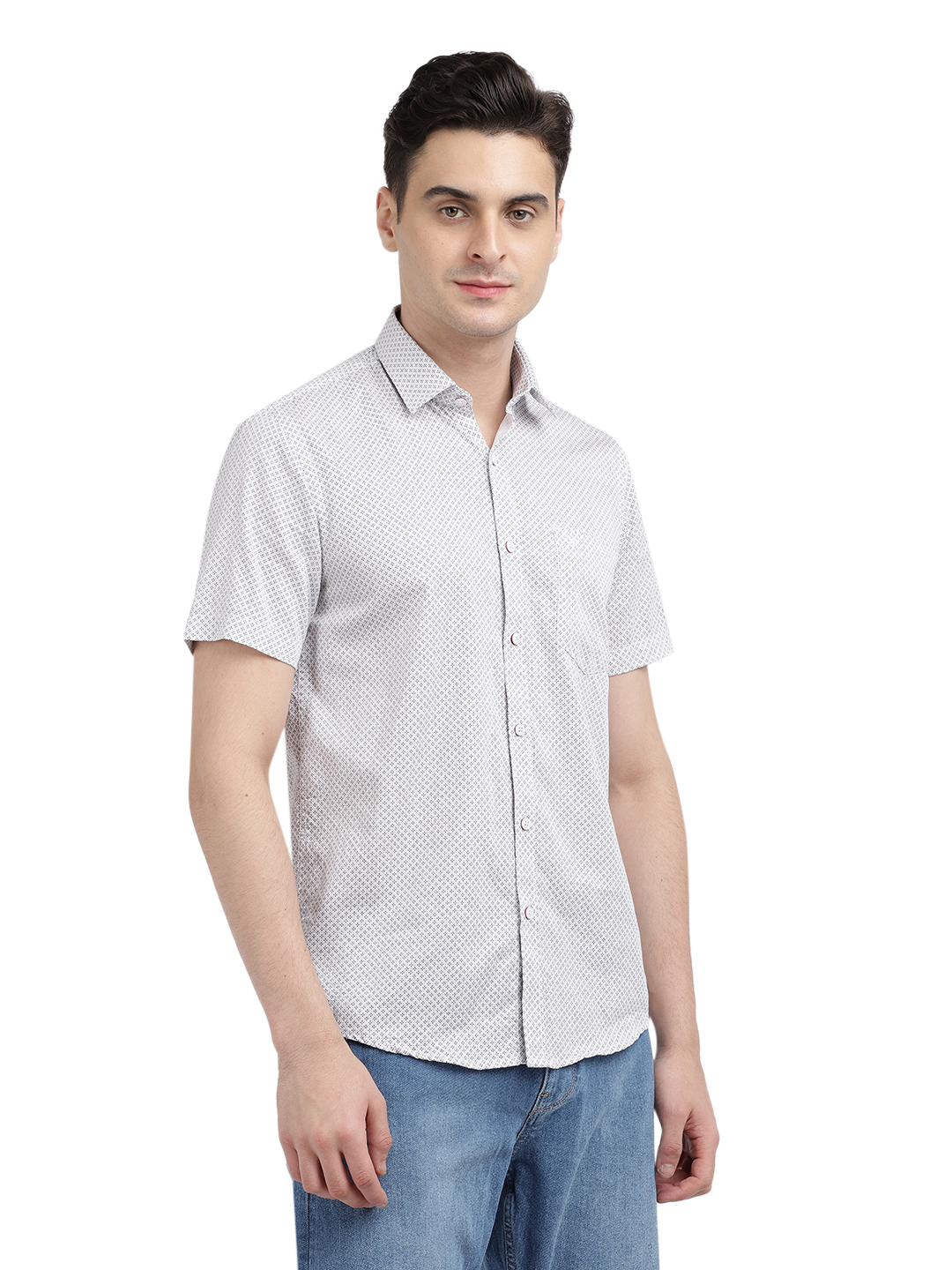 Model wearing Clarke Gable's White Printed Casual Shirt in a casual setting