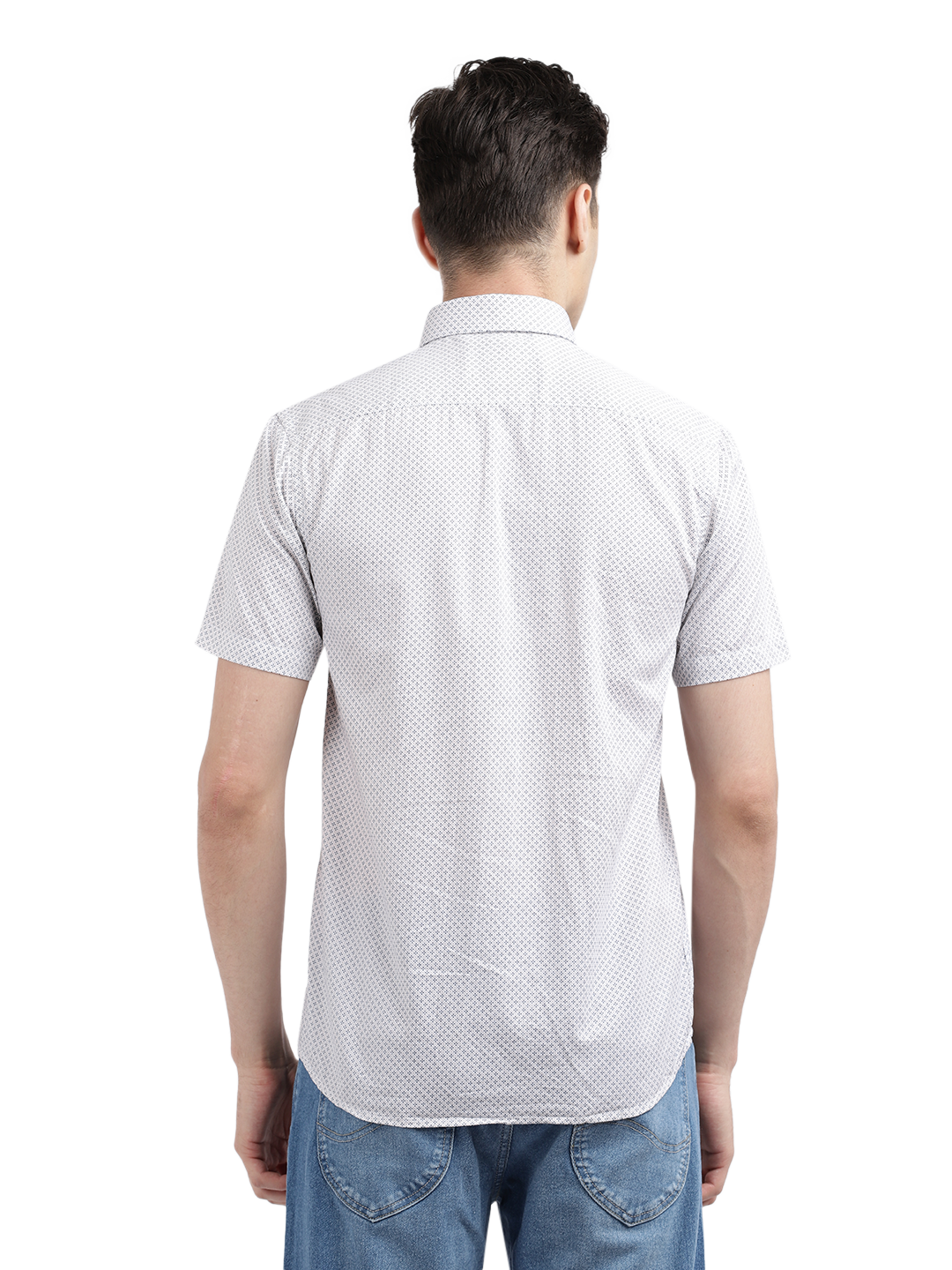 Model wearing Clarke Gable's White Printed Casual Shirt in a casual setting