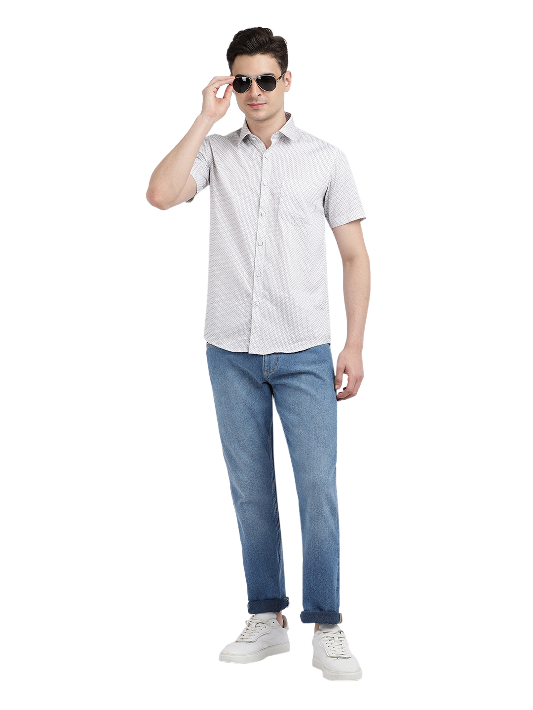Model wearing Clarke Gable's White Printed Casual Shirt in a casual setting