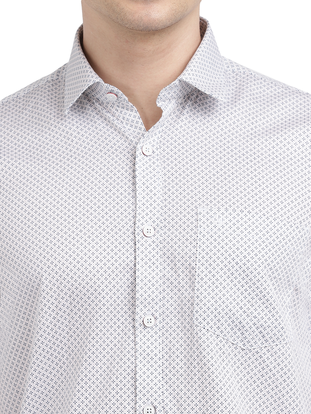 Model wearing Clarke Gable's White Printed Casual Shirt in a casual setting