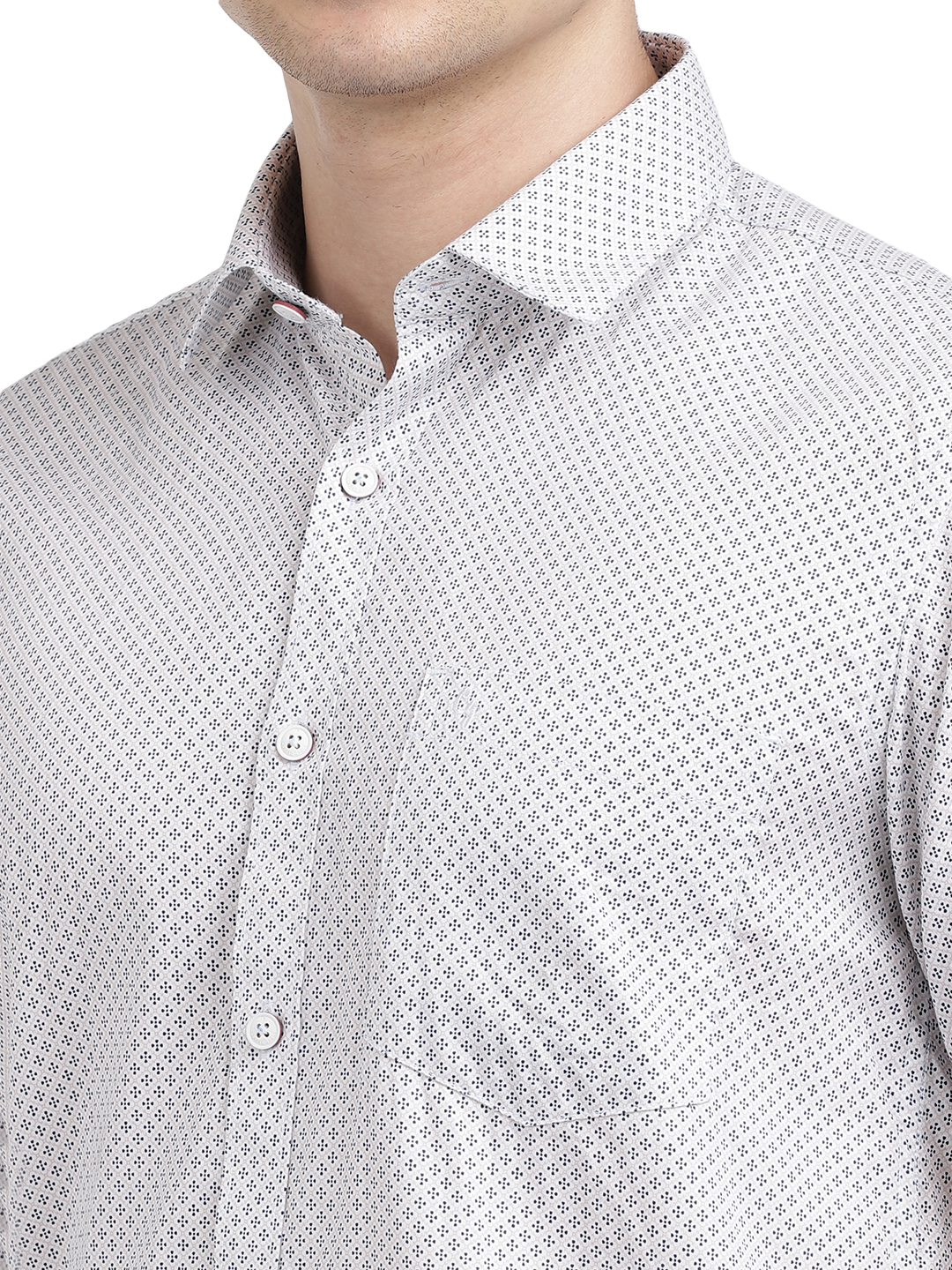 Model wearing Clarke Gable's White Printed Casual Shirt in a casual setting