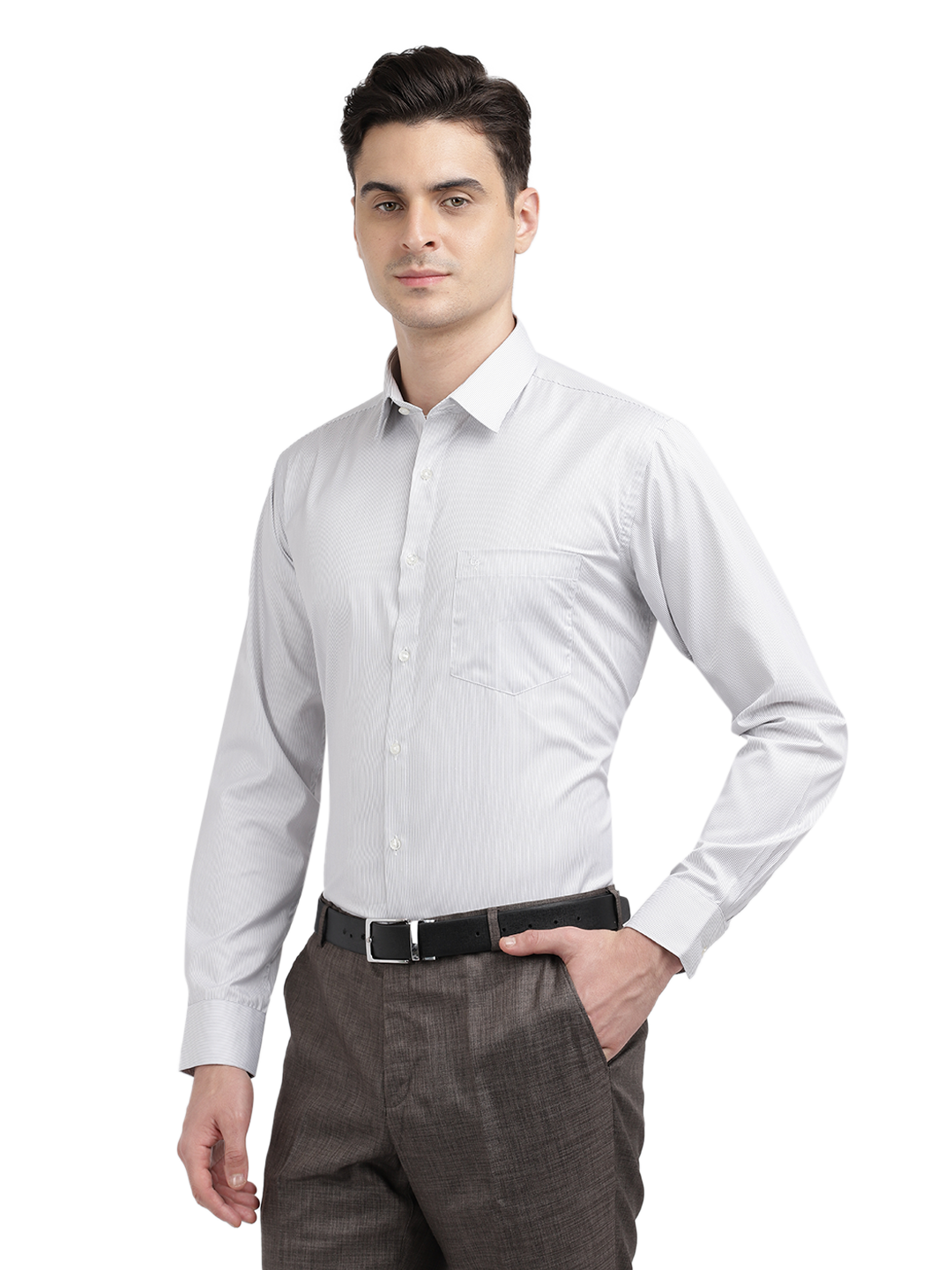 Model wearing Clarke Gable's White Striped Formal Shirt in a casual setting
