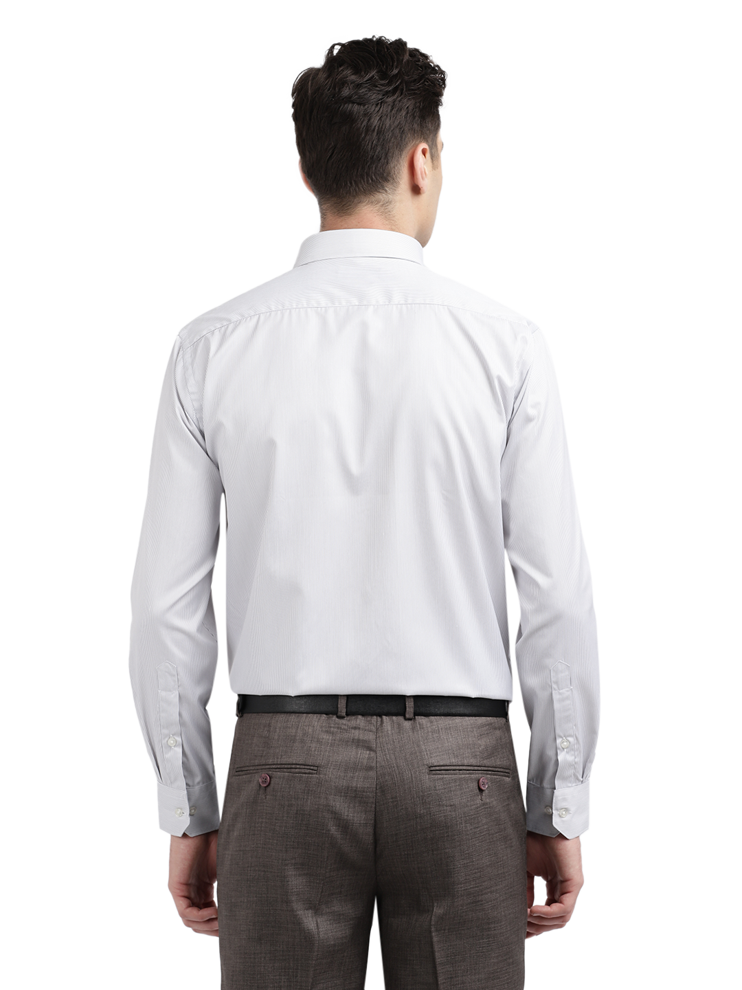 Model wearing Clarke Gable's White Striped Formal Shirt in a casual setting