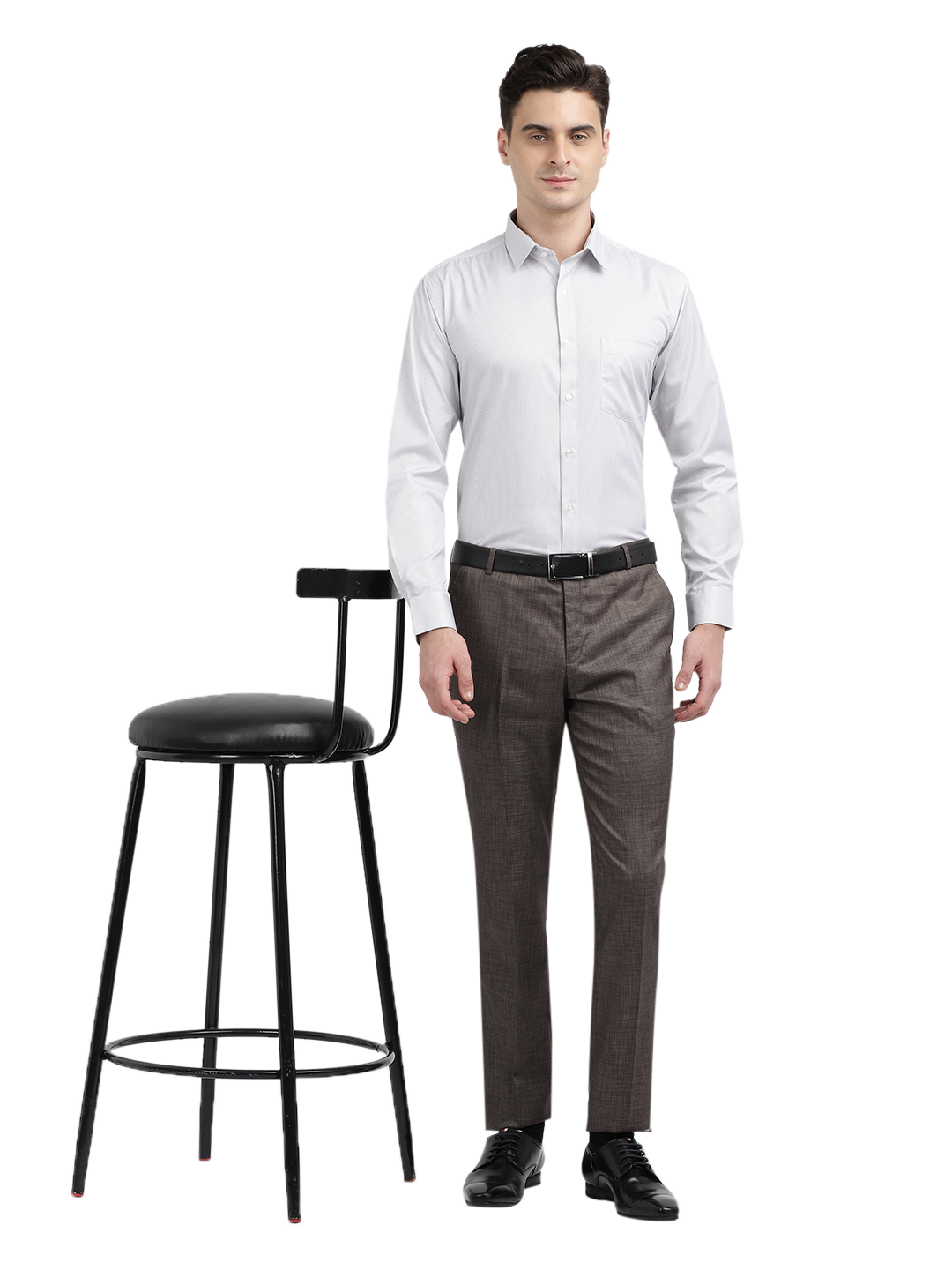 Model wearing Clarke Gable's White Striped Formal Shirt in a casual setting