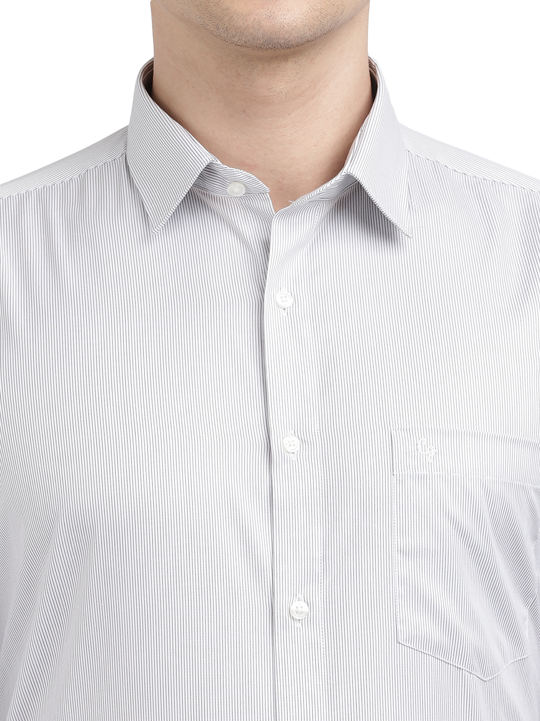 Model wearing Clarke Gable's White Striped Formal Shirt in a casual setting