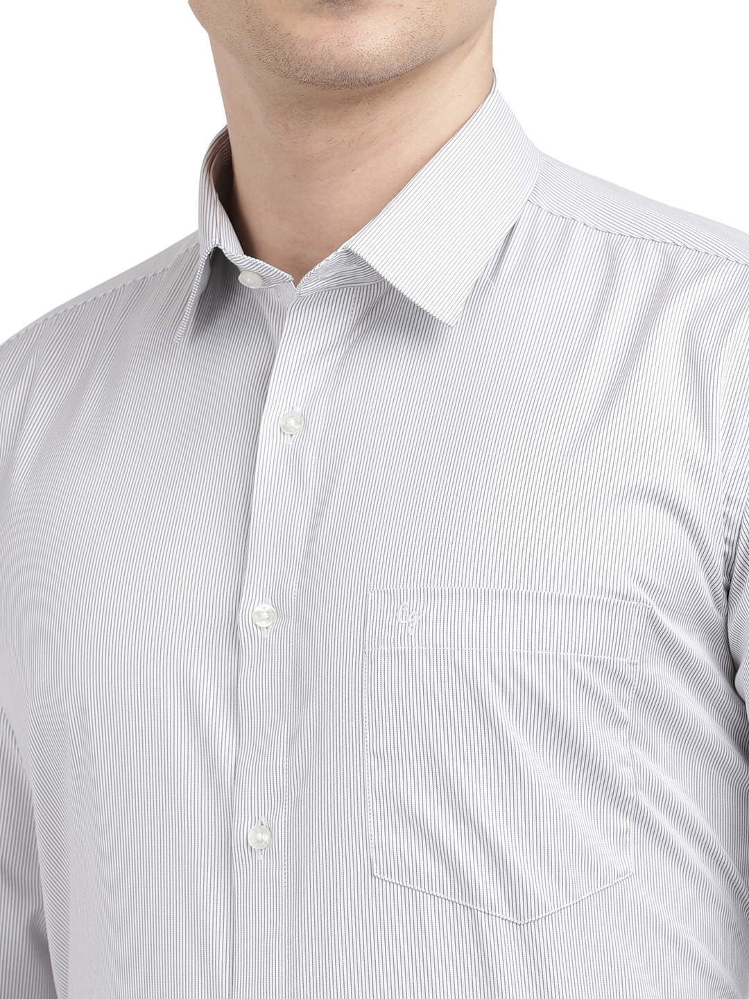 Model wearing Clarke Gable's White Striped Formal Shirt in a casual setting