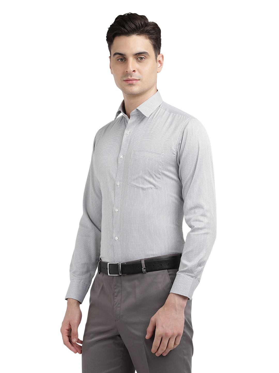 Model wearing Clarke Gable's White With Black Checked Formal Shirt in a casual setting