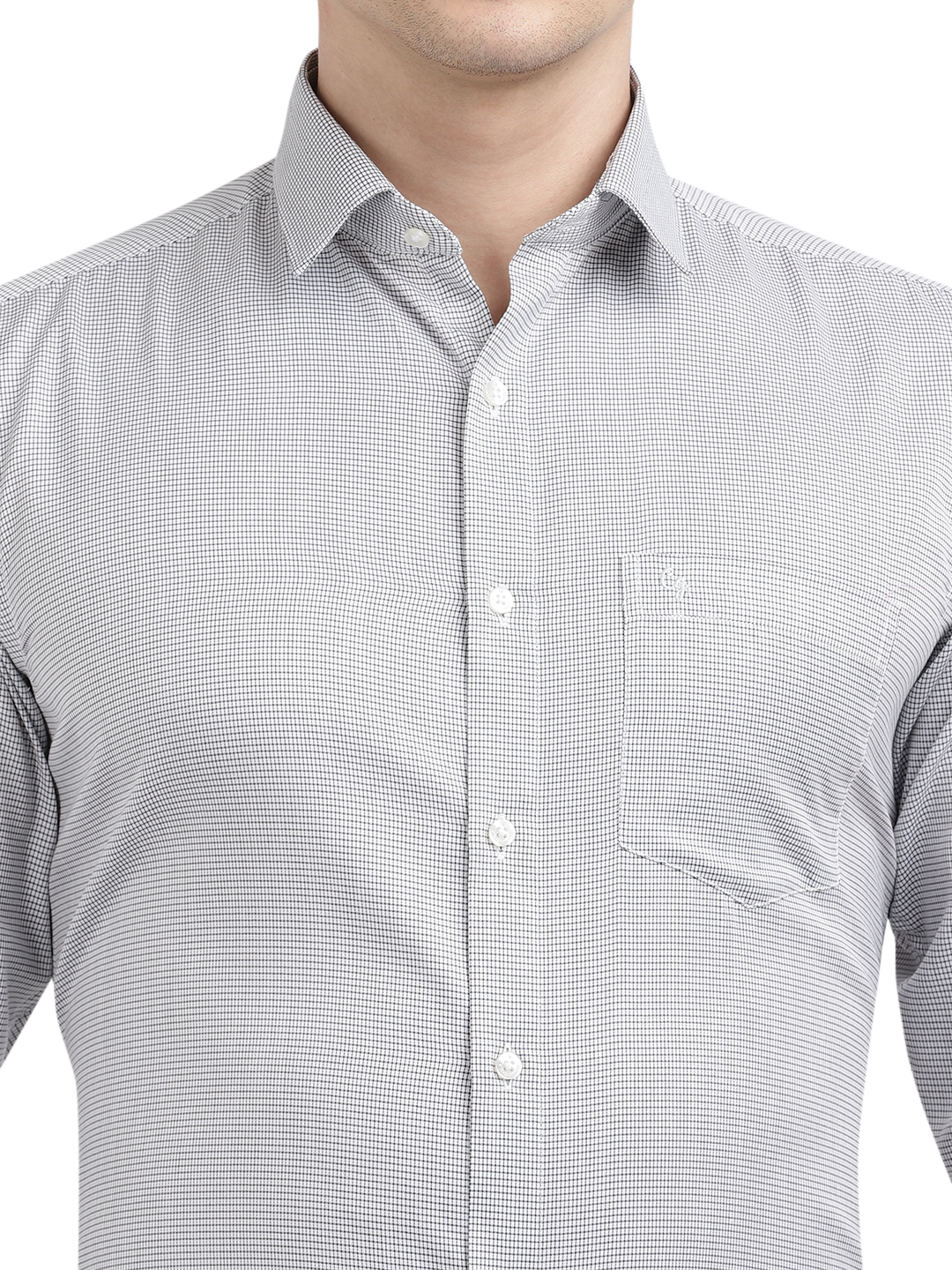 Model wearing Clarke Gable's White With Black Checked Formal Shirt in a casual setting