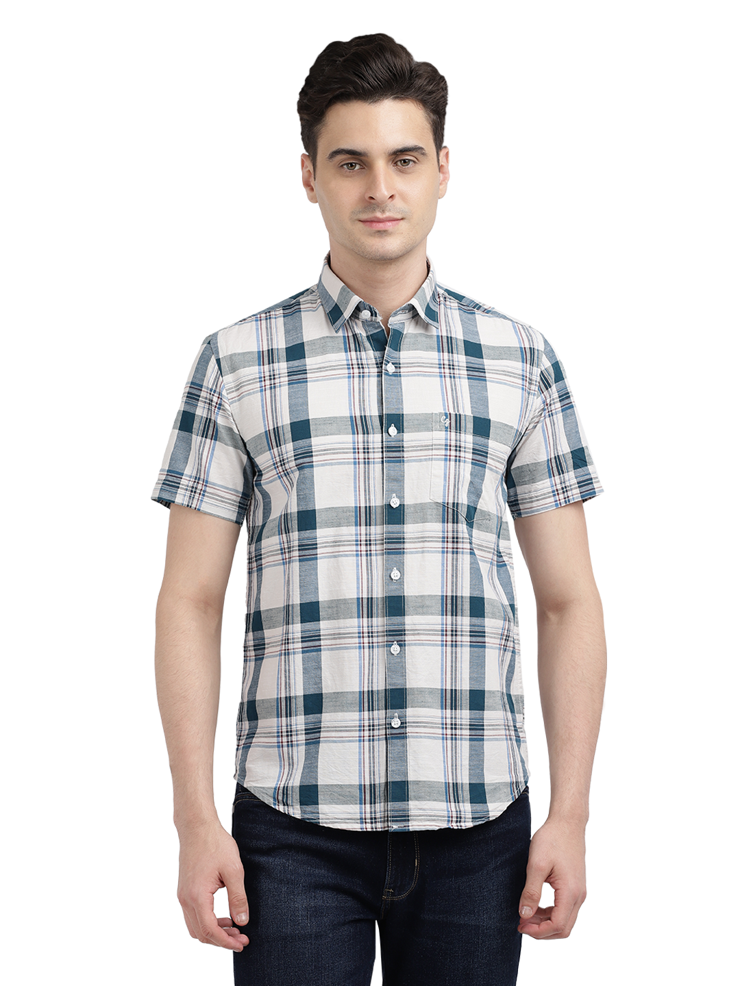 Model wearing Clarke Gable's White With Blue Checked Casual Shirt in a casual setting