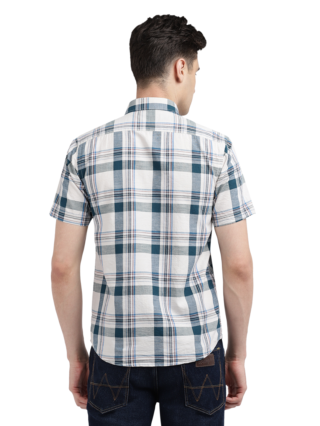 Model wearing Clarke Gable's White With Blue Checked Casual Shirt in a casual setting