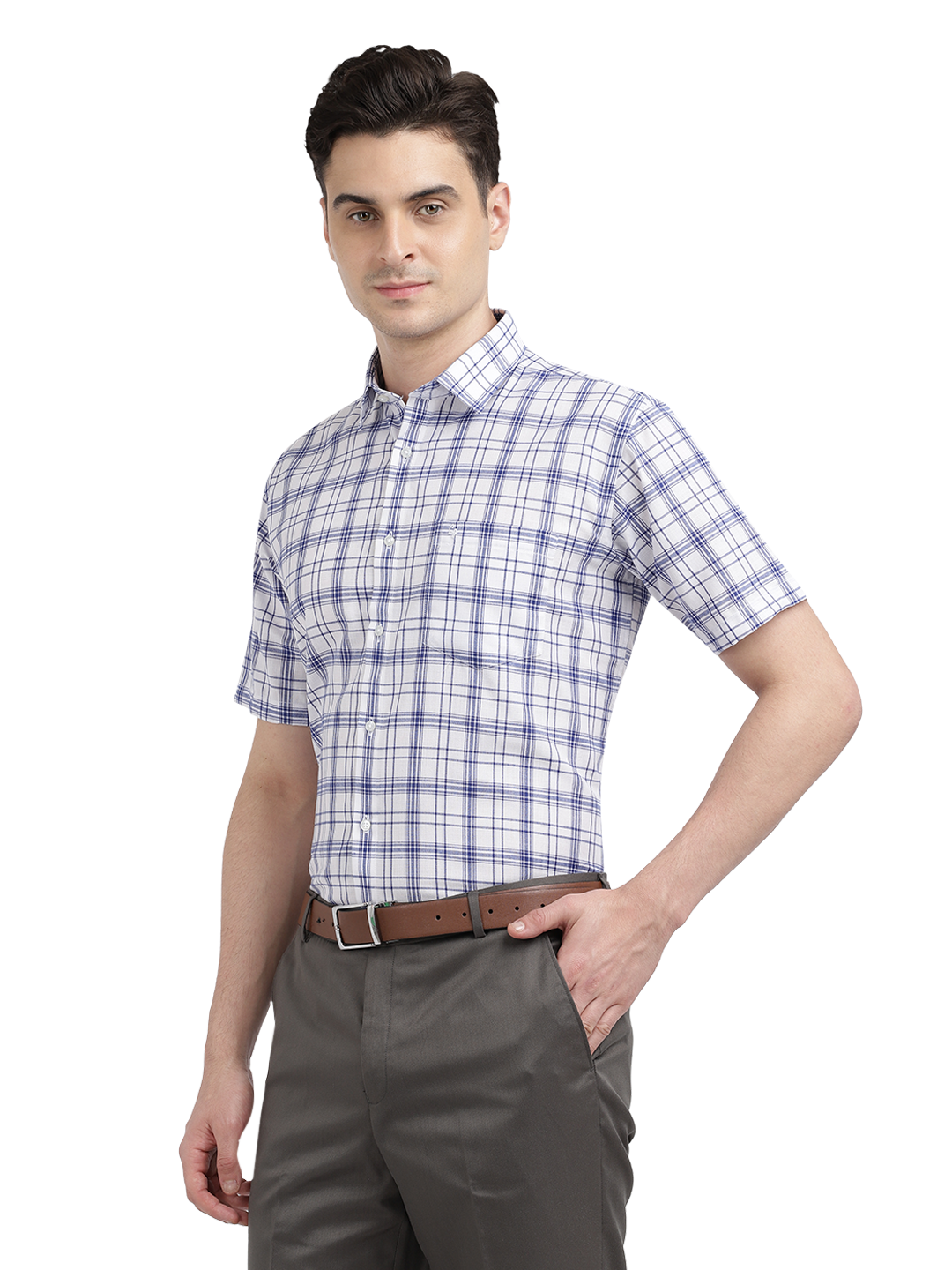 Model wearing Clarke Gable's White With Blue Checked Formal Shirt in a casual setting