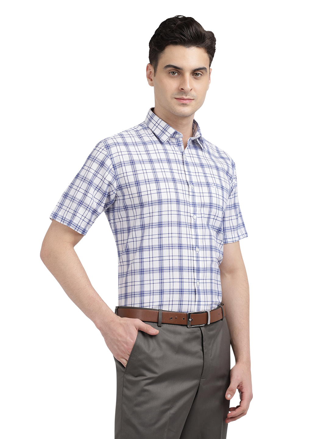 Model wearing Clarke Gable's White With Blue Checked Formal Shirt in a casual setting