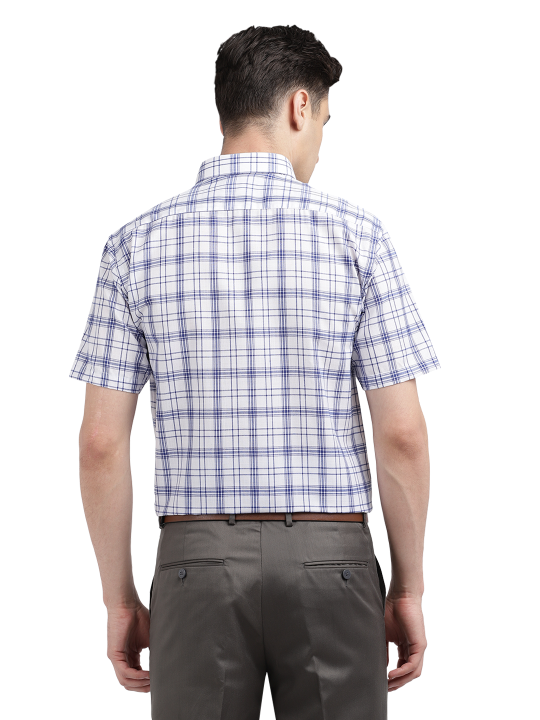 Model wearing Clarke Gable's White With Blue Checked Formal Shirt in a casual setting