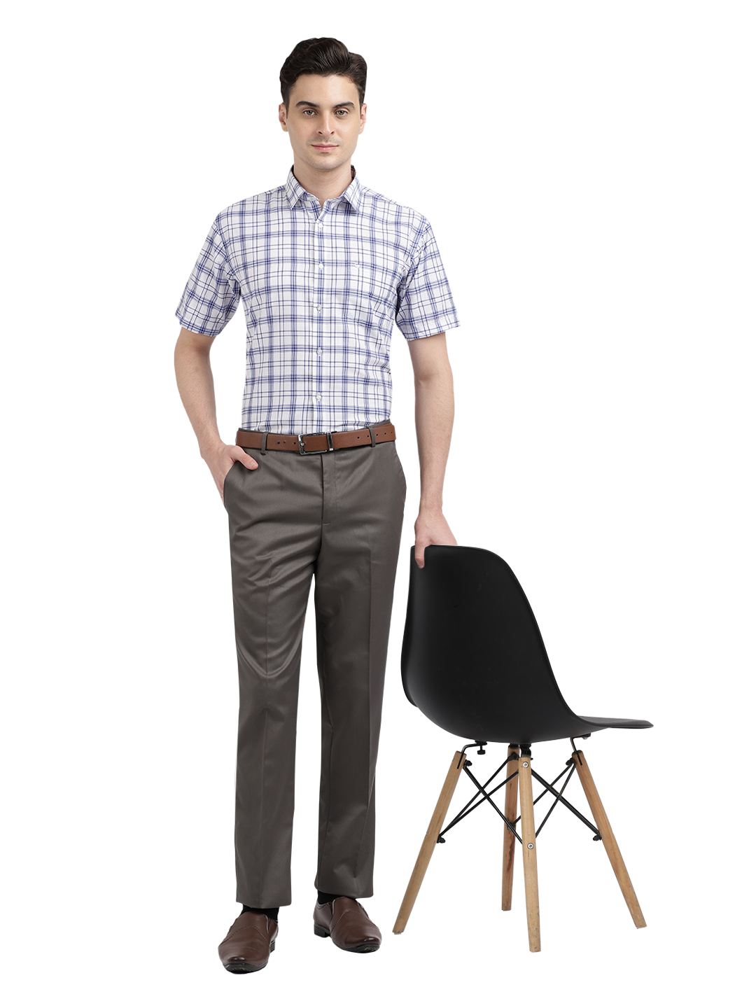 Model wearing Clarke Gable's White With Blue Checked Formal Shirt in a casual setting