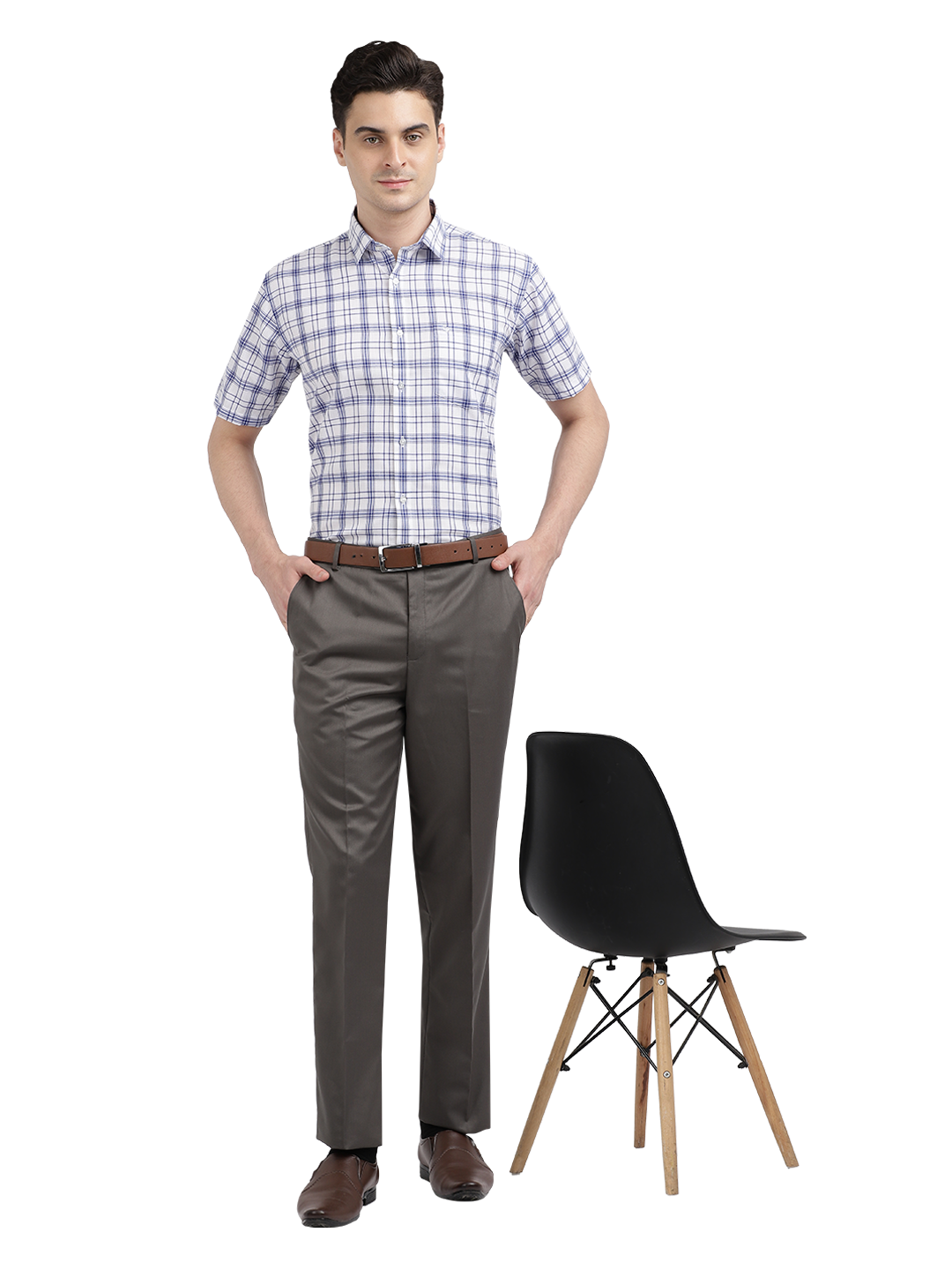 Model wearing Clarke Gable's White With Blue Checked Formal Shirt in a casual setting