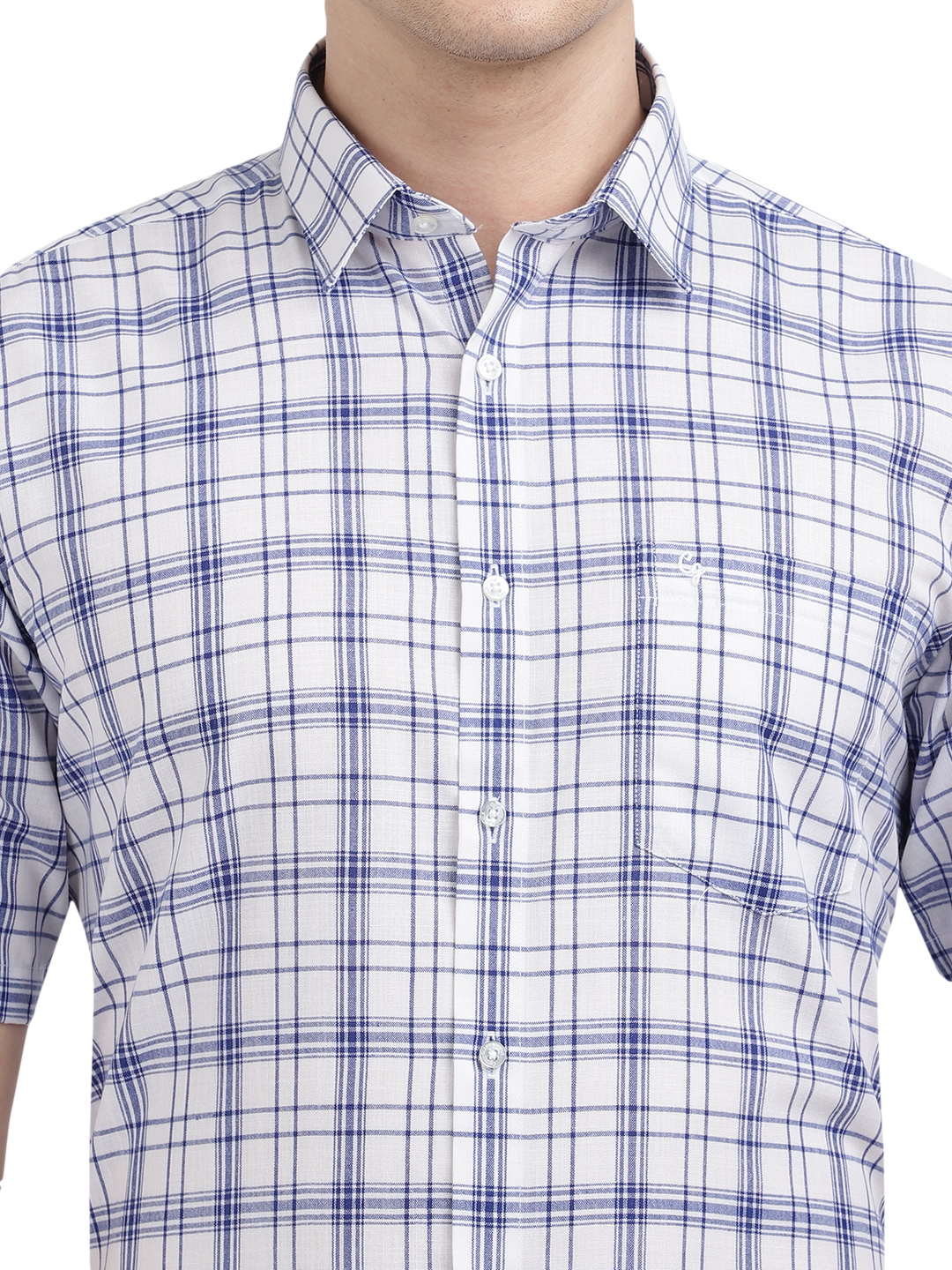 Model wearing Clarke Gable's White With Blue Checked Formal Shirt in a casual setting