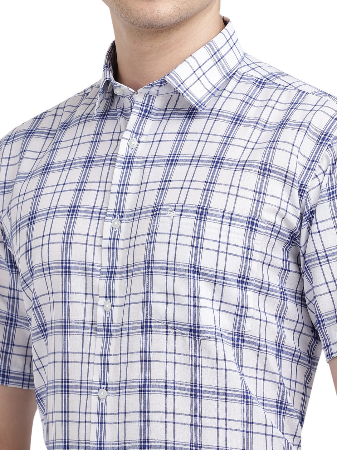 Model wearing Clarke Gable's White With Blue Checked Formal Shirt in a casual setting