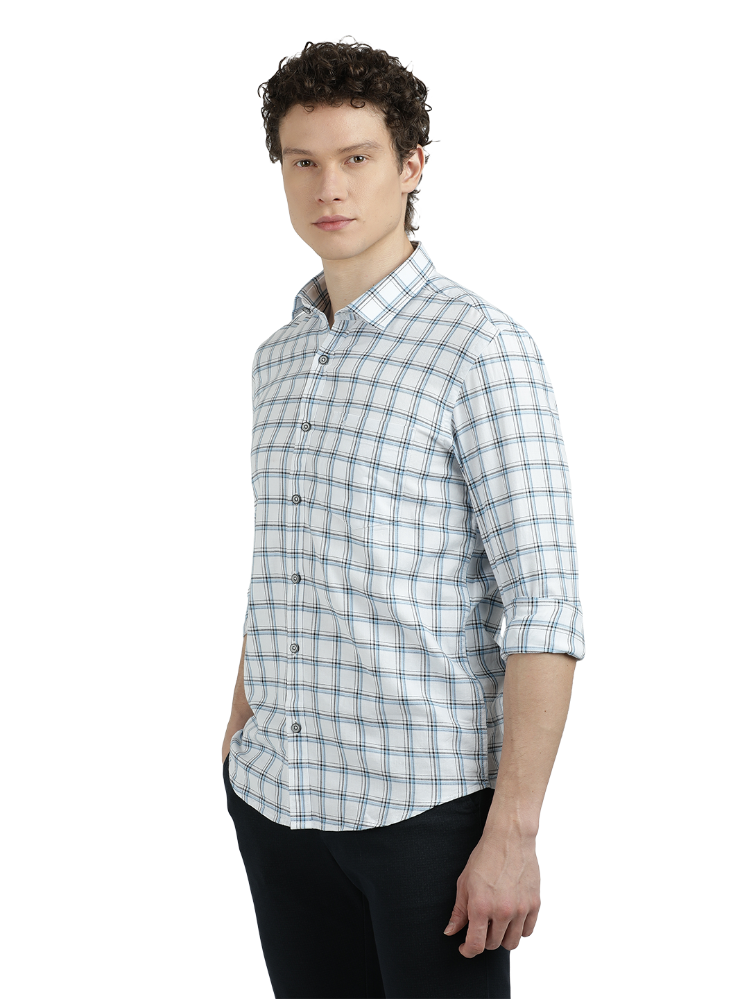 Model wearing Clarke Gable's White With Blue Checked Semi Casual Shirt in a casual setting