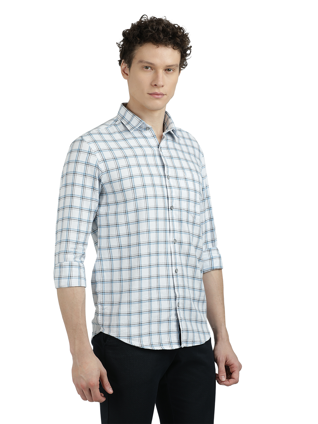 Model wearing Clarke Gable's White With Blue Checked Semi Casual Shirt in a casual setting