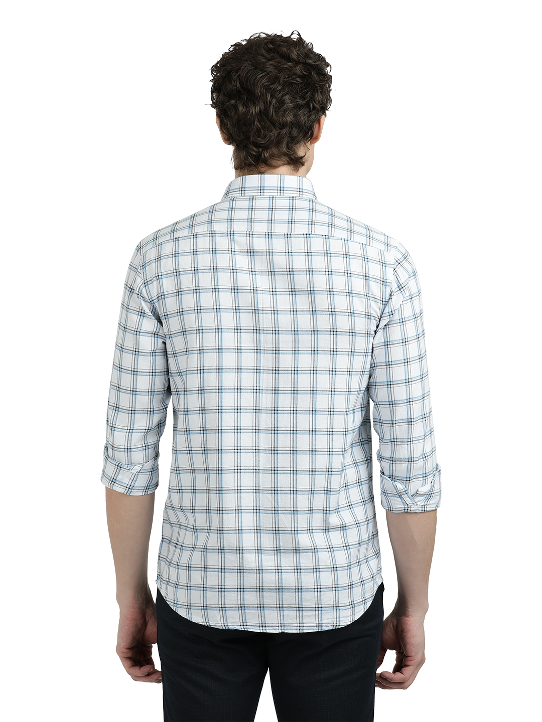 Model wearing Clarke Gable's White With Blue Checked Semi Casual Shirt in a casual setting