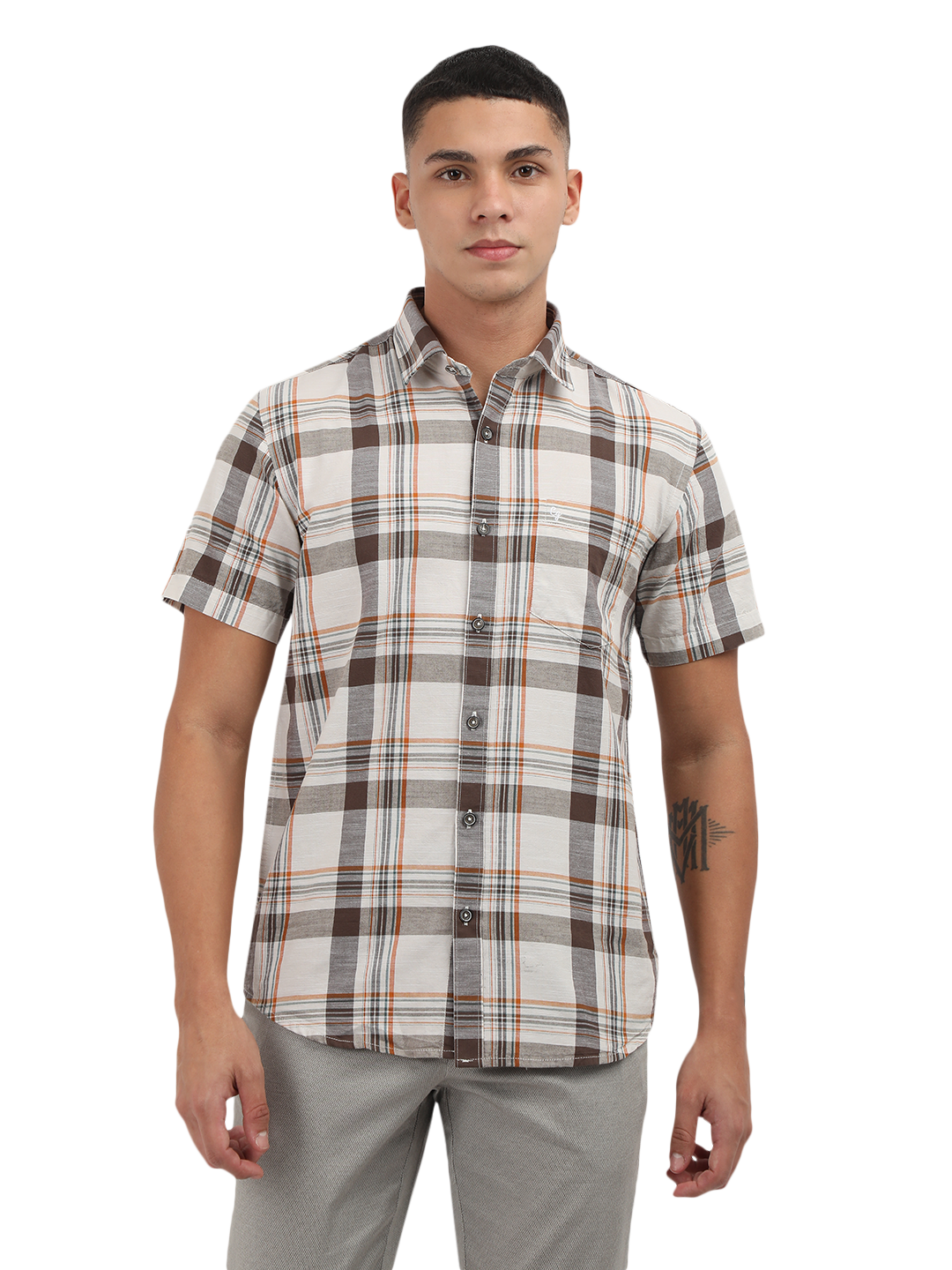 Model wearing Clarke Gable's White With Grey Checked Semi Casual Shirt in a casual setting