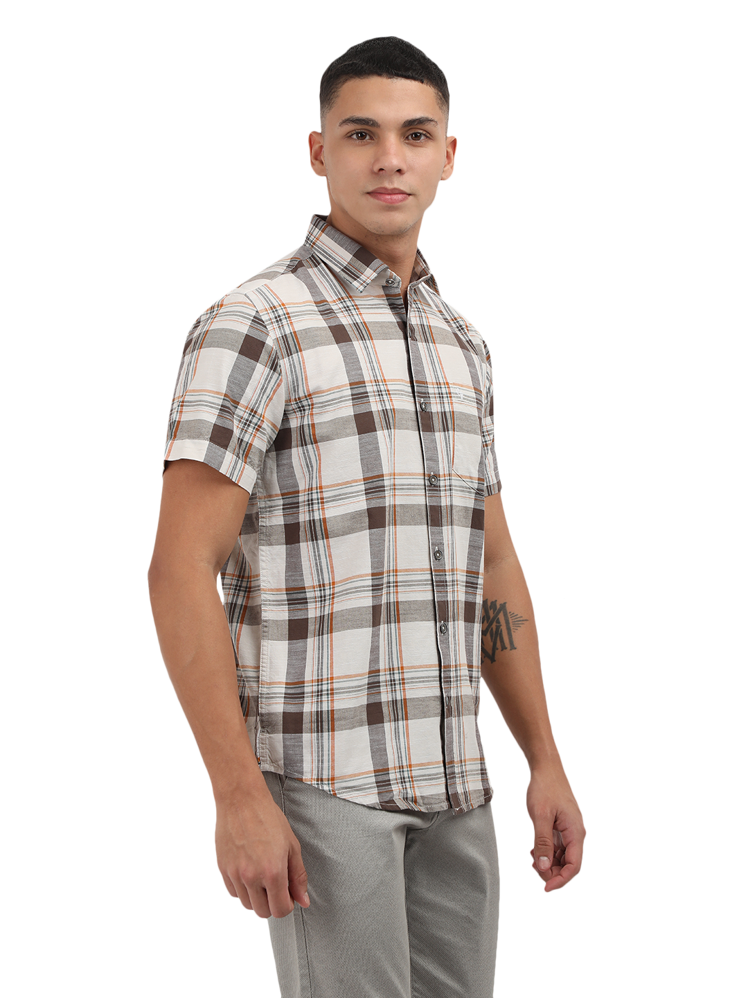 Model wearing Clarke Gable's White With Grey Checked Semi Casual Shirt in a casual setting