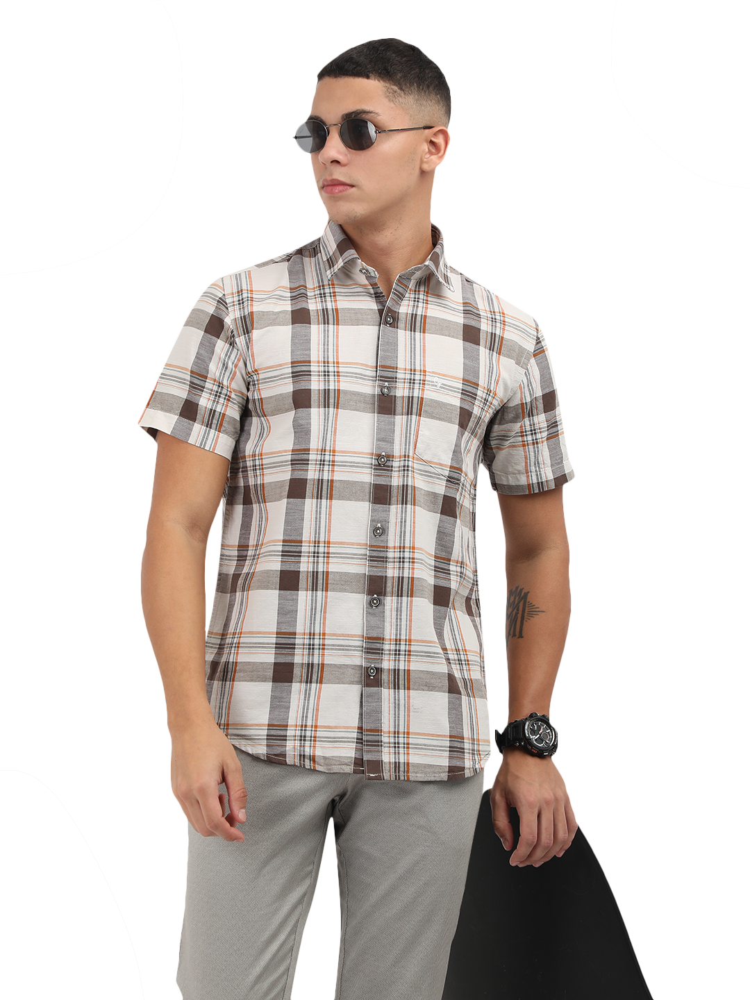 Model wearing Clarke Gable's White With Grey Checked Semi Casual Shirt in a casual setting