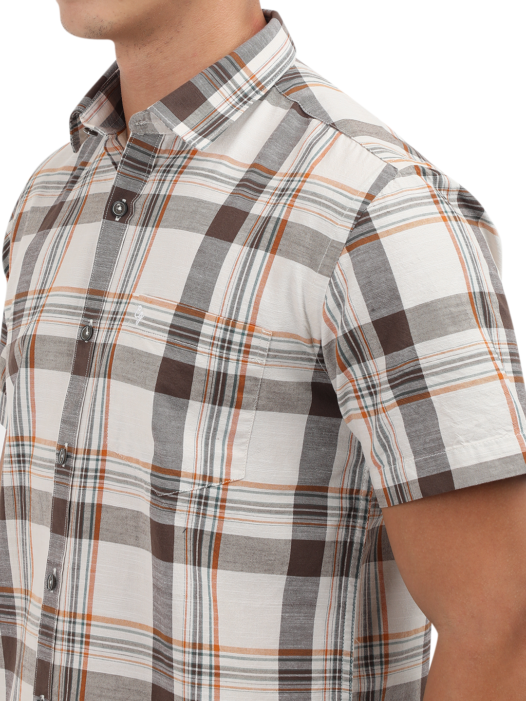 Model wearing Clarke Gable's White With Grey Checked Semi Casual Shirt in a casual setting