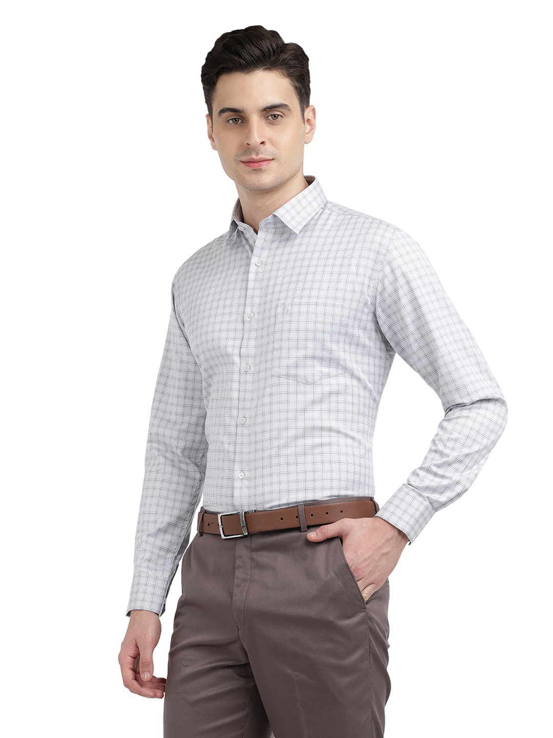 Model wearing Clarke Gable's White With Light Grey Checked Formal Shirt in a casual setting