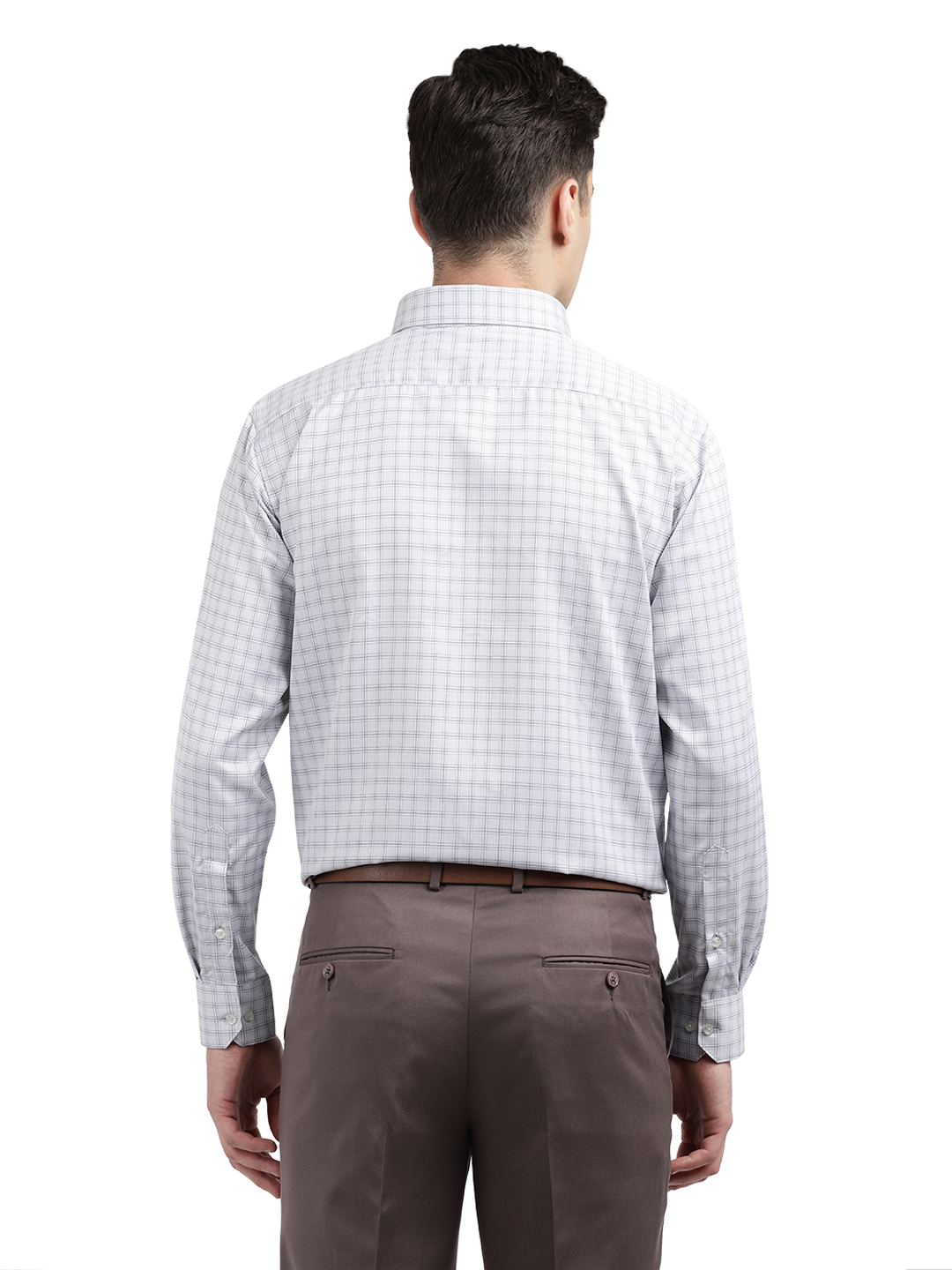 Model wearing Clarke Gable's White With Light Grey Checked Formal Shirt in a casual setting