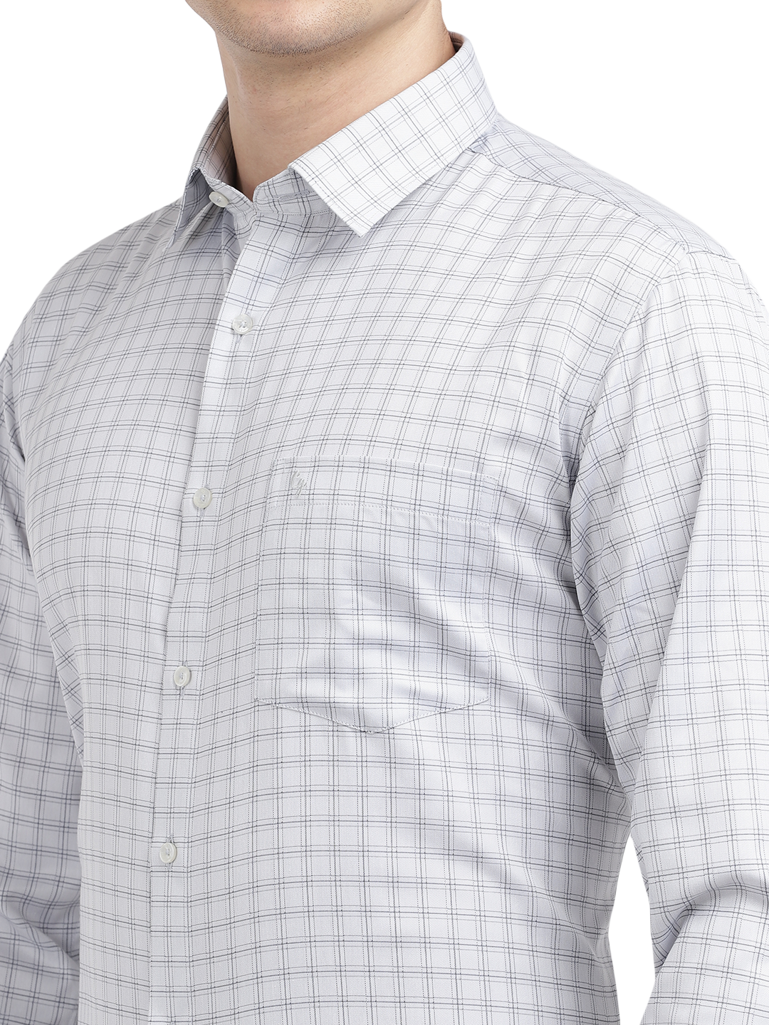 Model wearing Clarke Gable's White With Light Grey Checked Formal Shirt in a casual setting