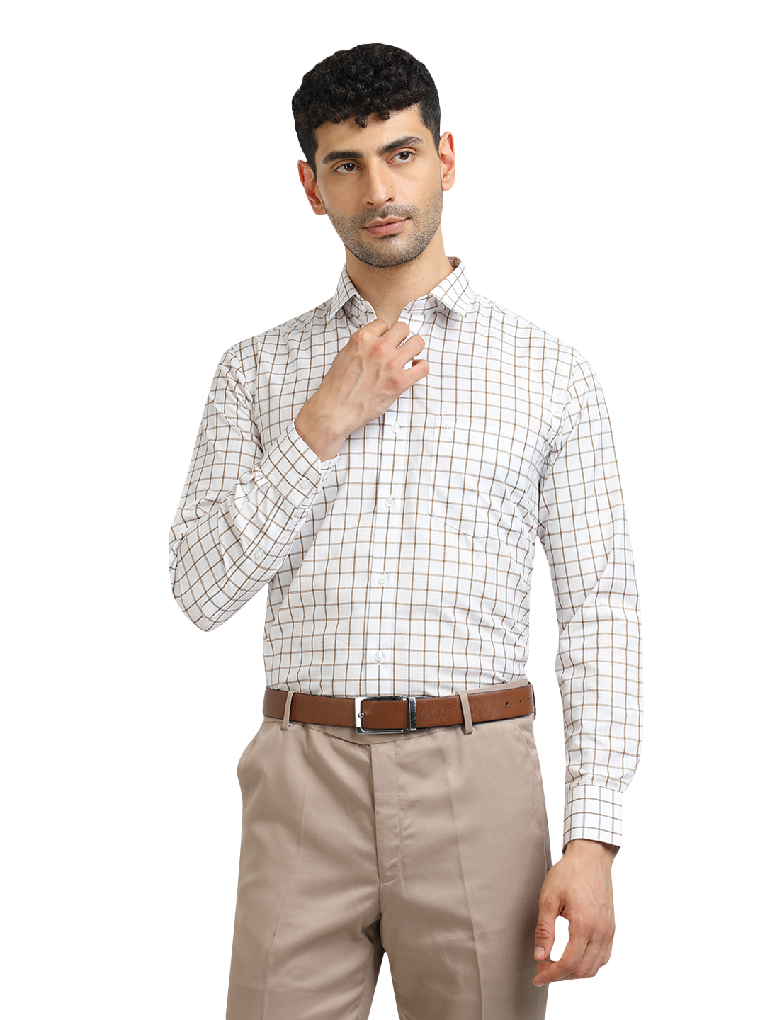 Model wearing Clarke Gable's White With Mustard Checked Formal Shirt in a casual setting