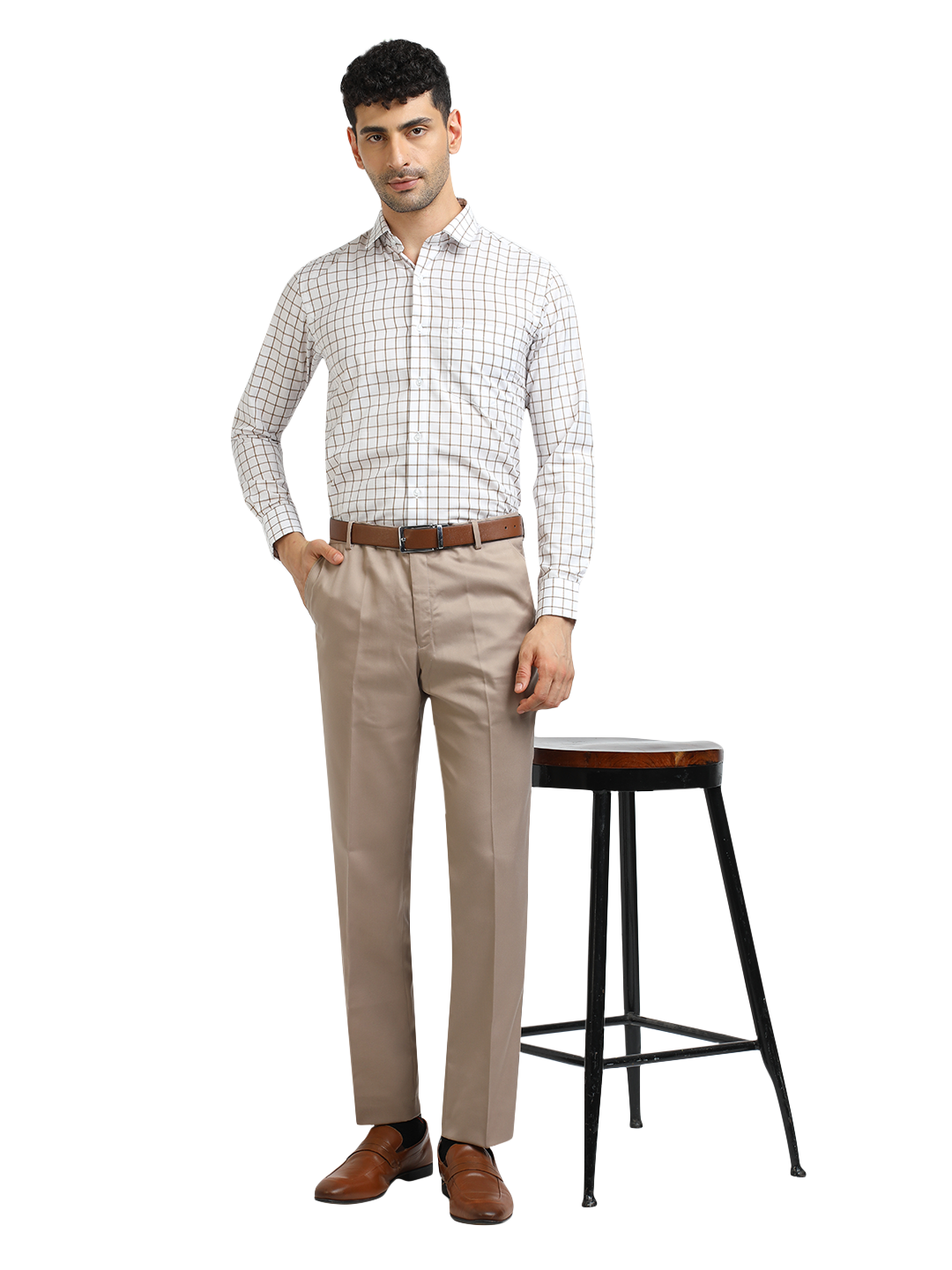 Model wearing Clarke Gable's White With Mustard Checked Formal Shirt in a casual setting