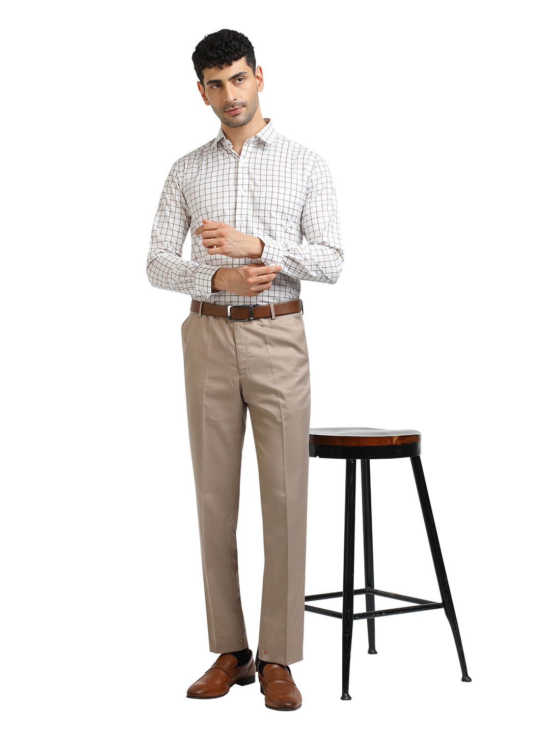 Model wearing Clarke Gable's White With Mustard Checked Formal Shirt in a casual setting