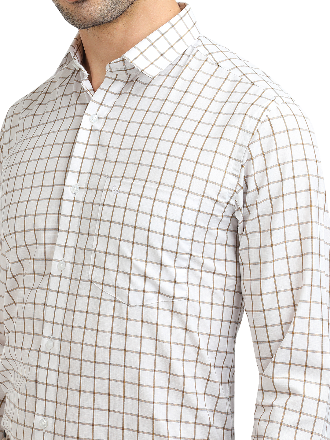 Model wearing Clarke Gable's White With Mustard Checked Formal Shirt in a casual setting