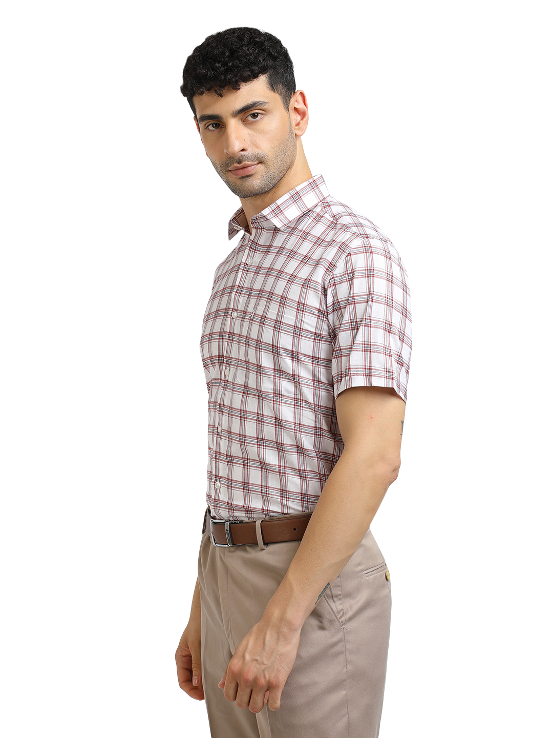 Model wearing Clarke Gable's White With Red Checked Formal Shirt in a casual setting