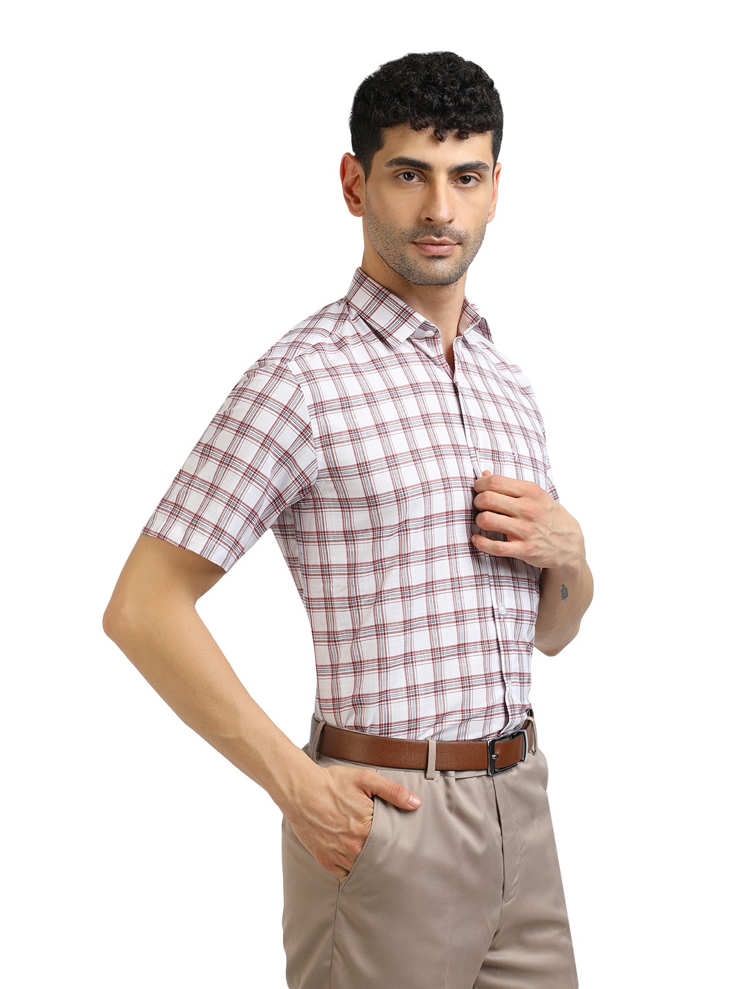 Model wearing Clarke Gable's White With Red Checked Formal Shirt in a casual setting