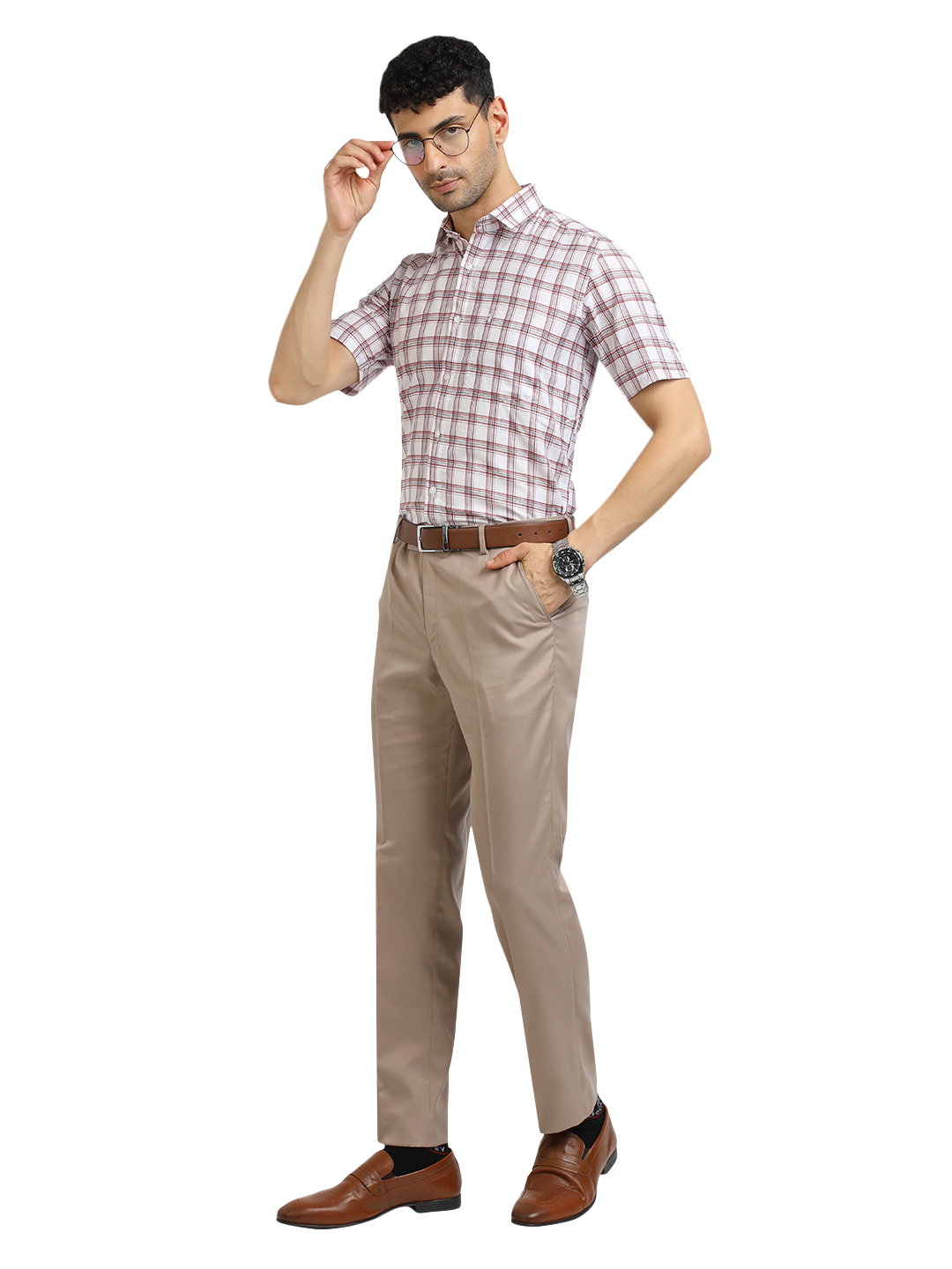 Model wearing Clarke Gable's White With Red Checked Formal Shirt in a casual setting