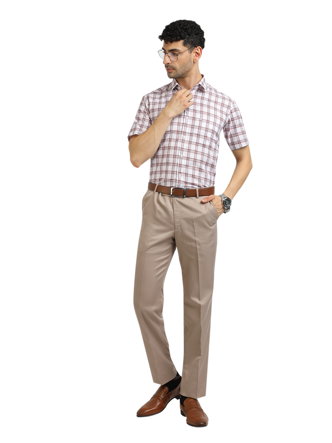 Model wearing Clarke Gable's White With Red Checked Formal Shirt in a casual setting