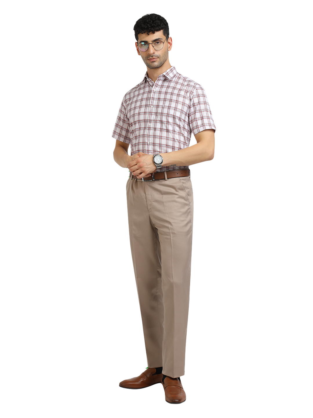 Model wearing Clarke Gable's White With Red Checked Formal Shirt in a casual setting