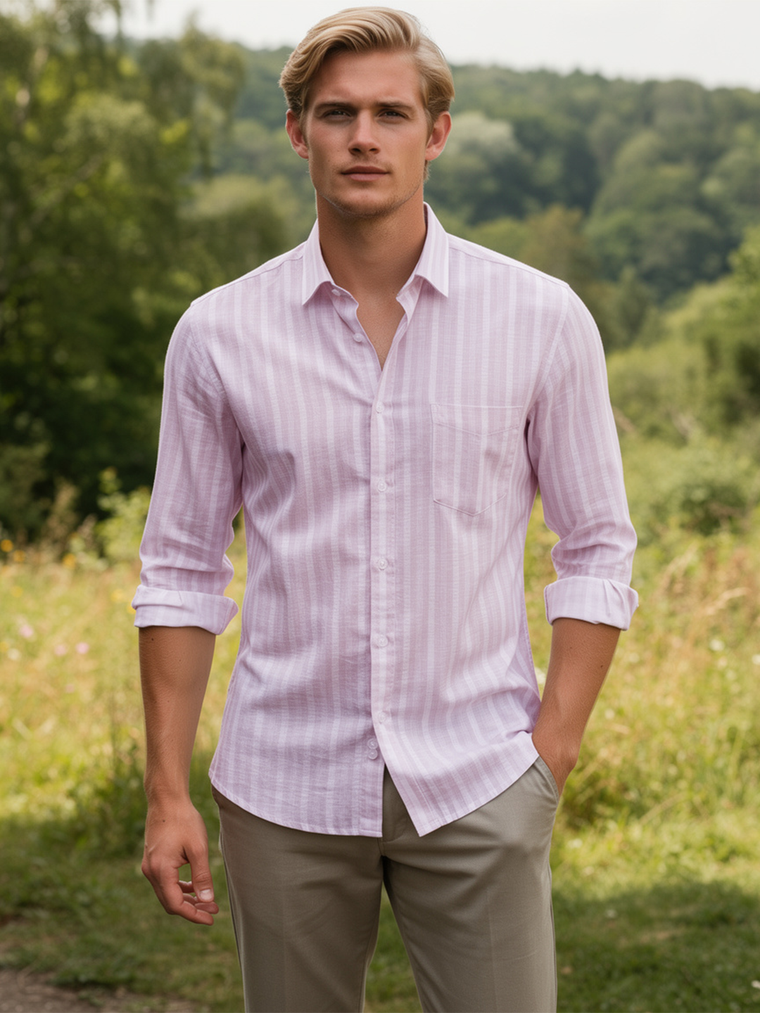 Powder Pink Stripes Casual Shirt