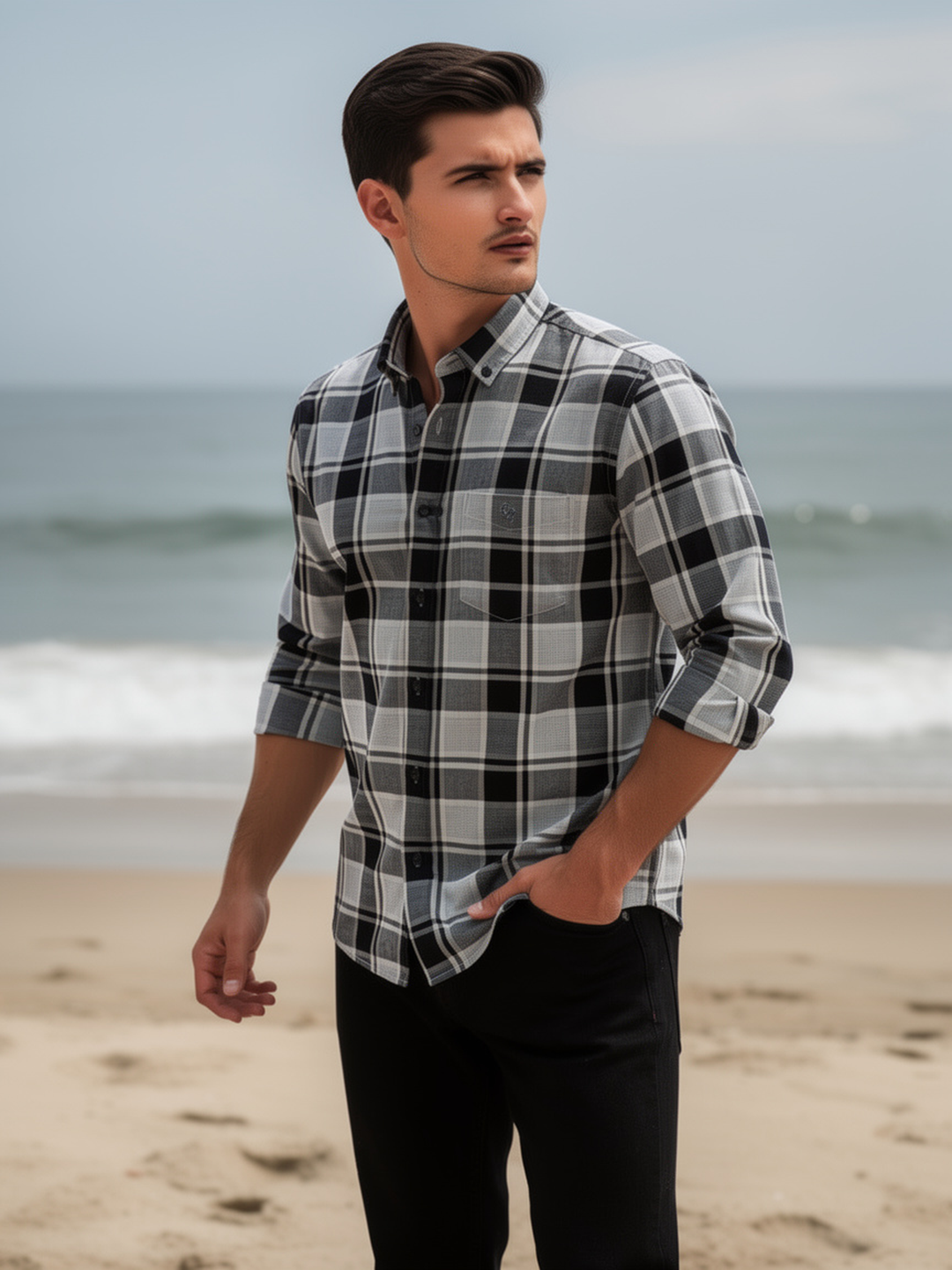 Slate Grey and White Checked Shirt