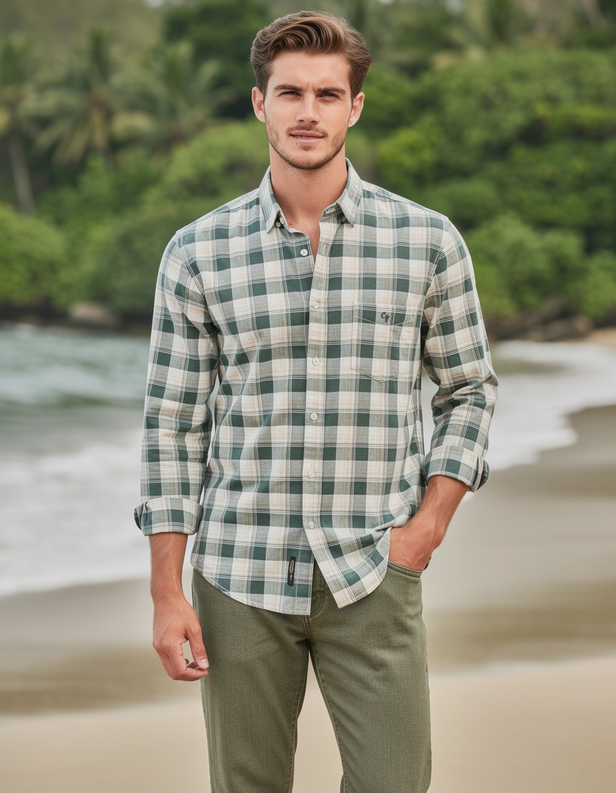 Forest Green and Beige Checked Casual Shirt