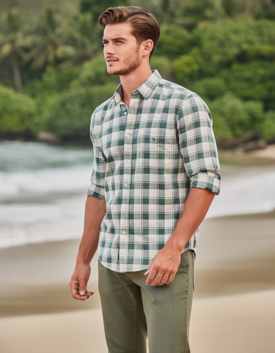 Forest Green and Beige Checked Casual Shirt