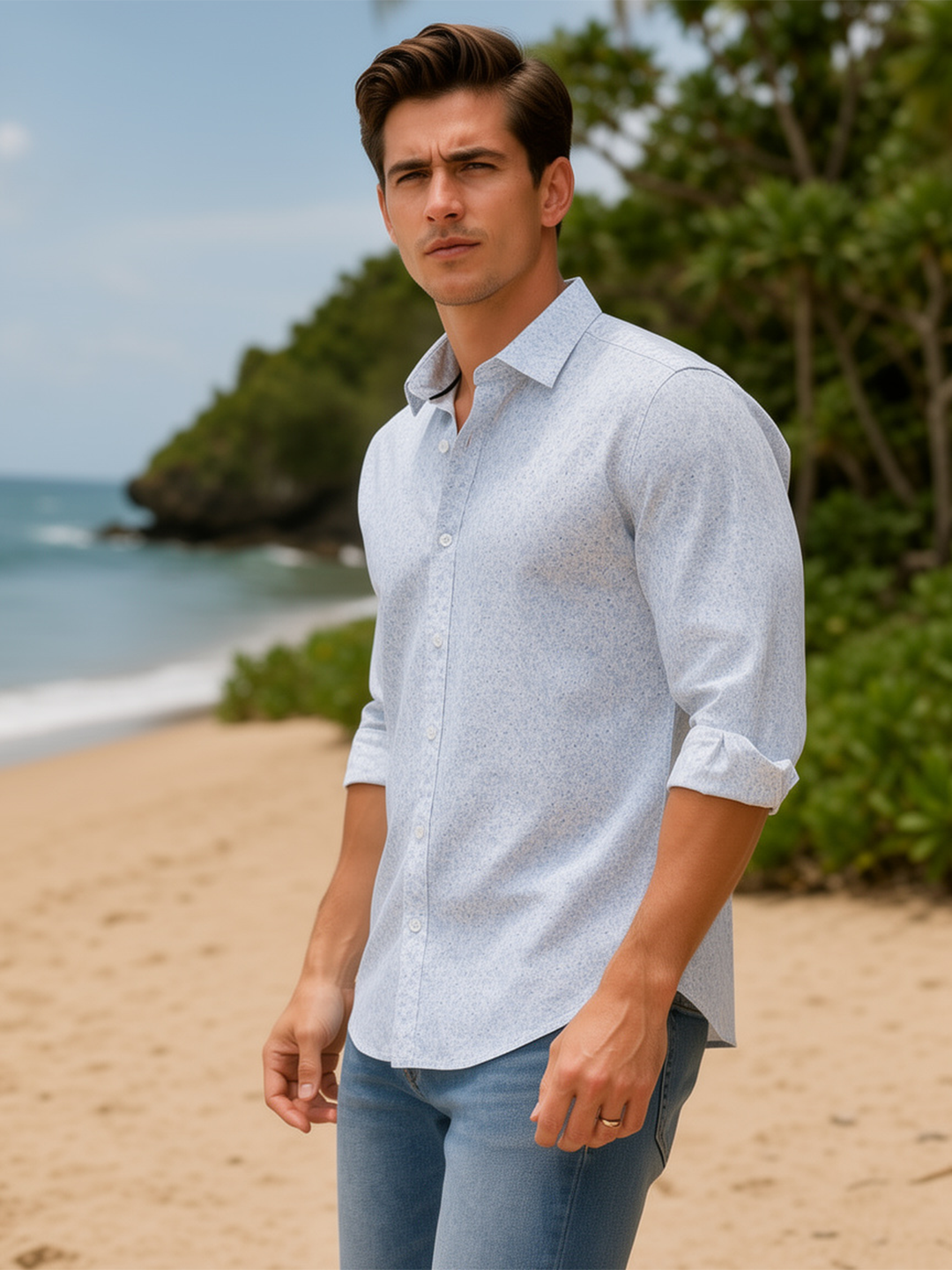 Light Steel Blue Floral Printed Casual Shirt