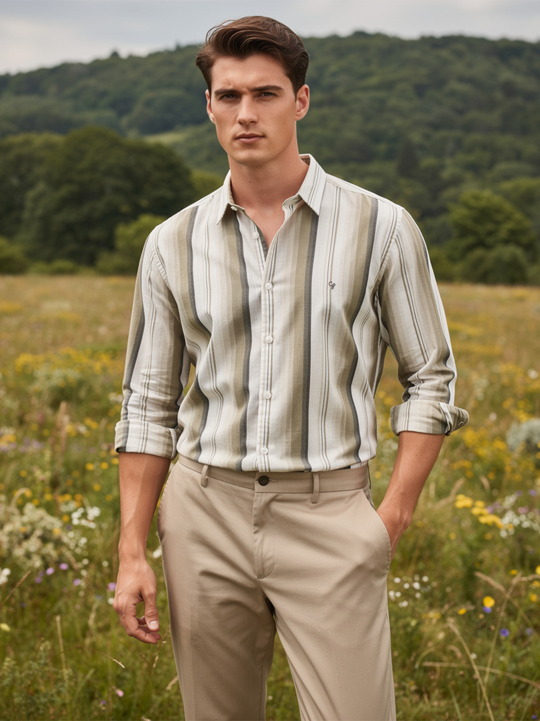 Olive Khaki Stripes Casual Shirt