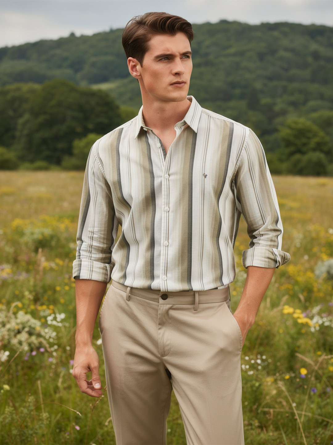 Olive Khaki Stripes Casual Shirt