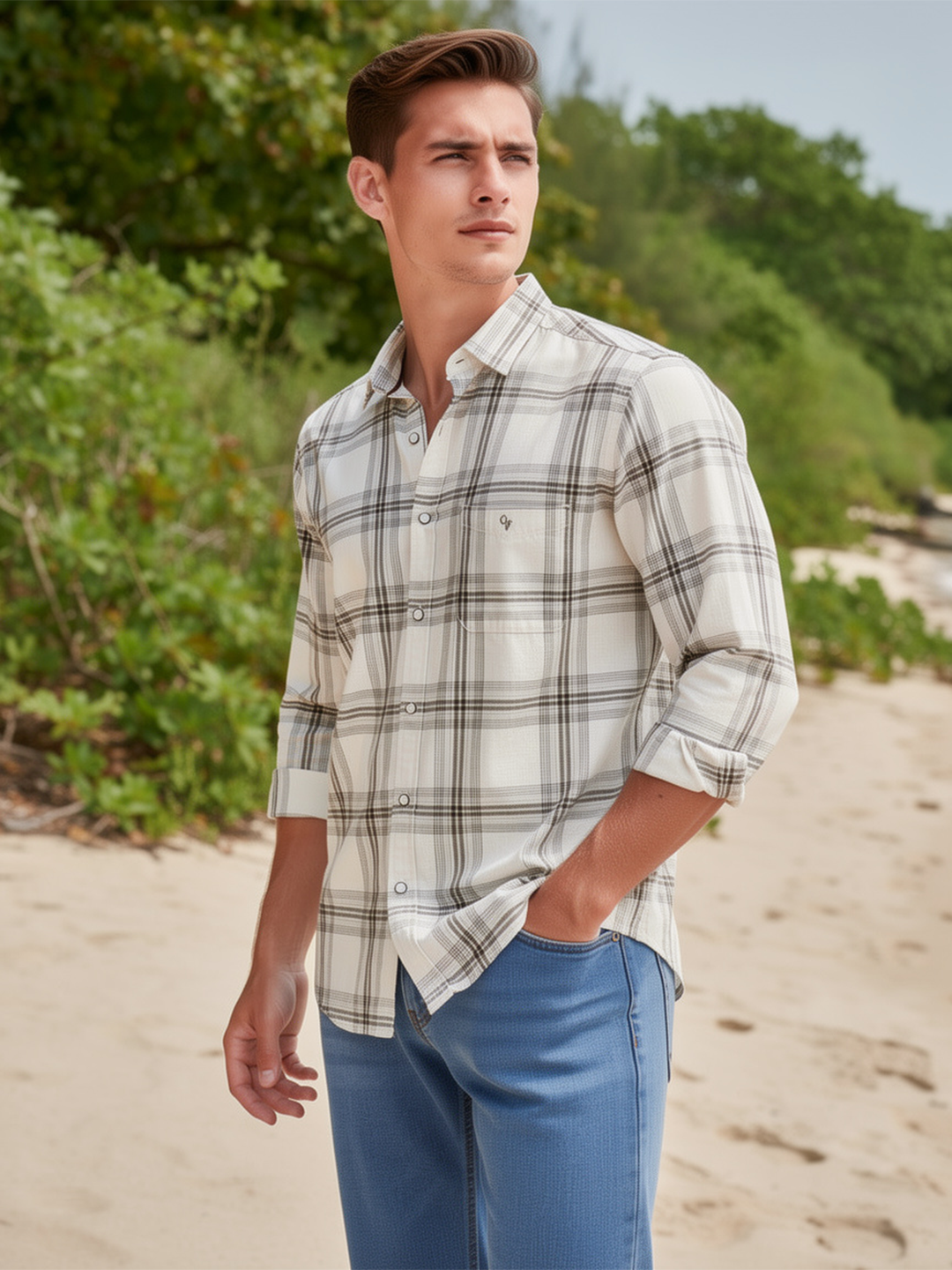 Sand Cream Checked Casual Shirt